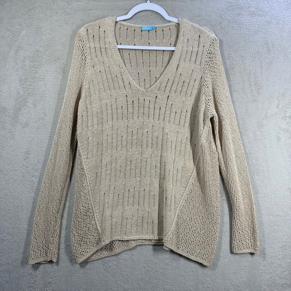 J.McLaughlin Sweater Women XL Beige V-Neck Pointelle Open Knit Pullover Tunic